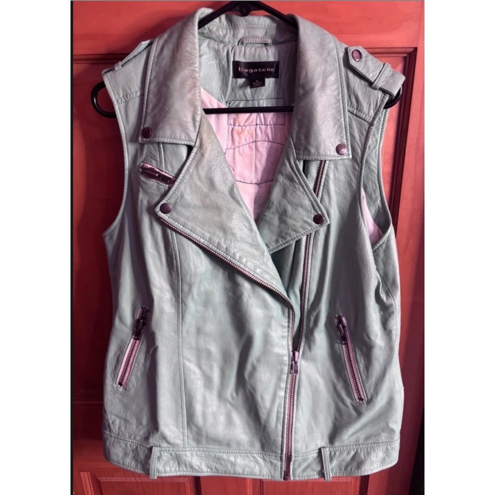 Bagatelle Leather Moto Vest Mint Green Patched Harley Davidson Voodoo XL